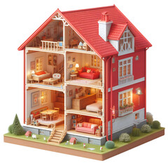 Cute red small house cross section, generative AI 