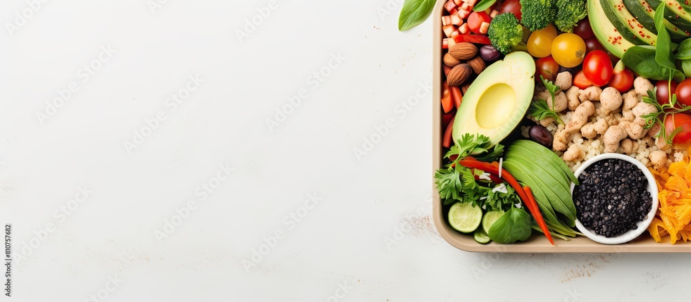 Poster top view of a nutritious vegan lunch box emphasizing the clean diet eating concept the image showcas