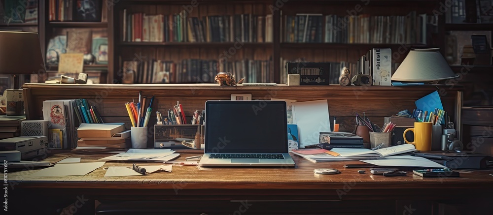 Aufkleber a cluttered wooden desk in an office setting featuring a laptop notebook and pen ready for work. cre
