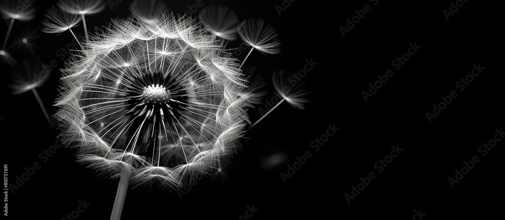 Fototapete A black and white closeup of a Dandelion flower on a black background creating a negative image with copy space