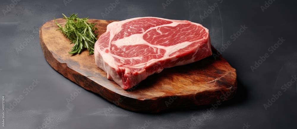Poster A top down view of a marbled pork steak resting on a chopping board with a neutral gray backdrop providing ample space for additional imagery or text