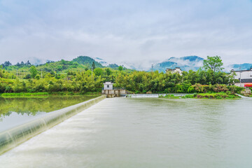 Fototapeta premium Ancient Towns, Ancient Buildings, and Rivers in the Mountainous Areas of Anhui Province, China 