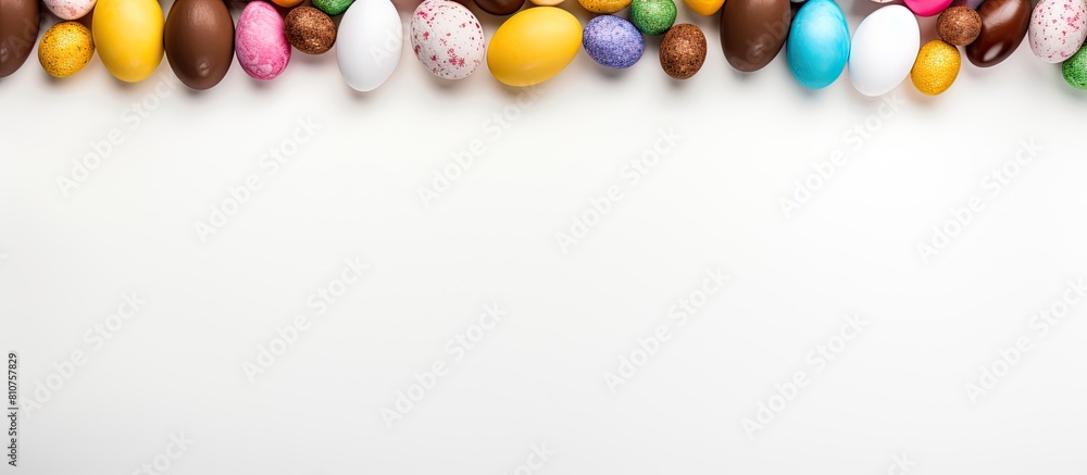 Aufkleber A top down view of a white background with a flat lay arrangement of a colorful Easter frame made of eggs and a large chocolate egg There is empty space available for adding text. Creative banner