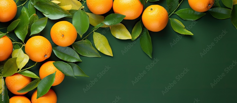 Poster Top view of a composition featuring ripe oranges and leaves arranged on a colorful background leaving room for text in the copy space image