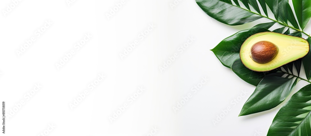 Poster A tropical abstract background featuring an avocado and leaf on a white backdrop Presented in a flat lay style with a top view allowing for copy space in the image