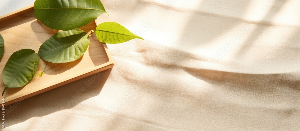 Poster a wooden tray is arranged neatly on a linen tablecloth showcasing a sunny backdrop with the gentle s