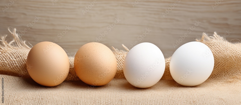 Aufkleber three white eggs arranged on a piece of sacking in a copy space image