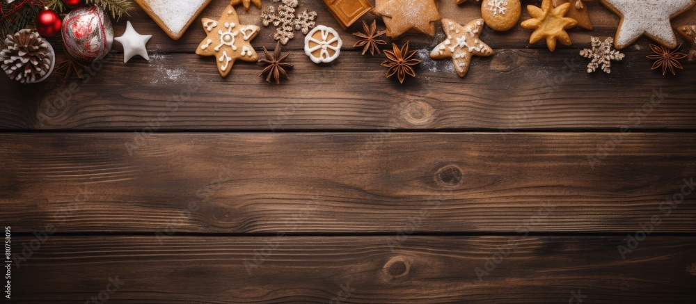 Aufkleber a festive backdrop of wooden texture sets the stage for delightful christmas cookies and a paper ado