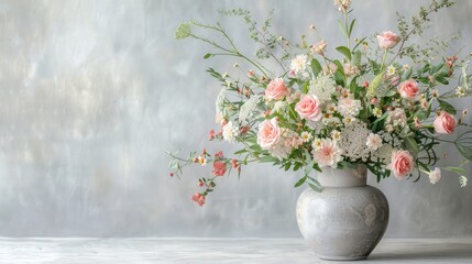 A beautiful floral arrangement in a gray vase. consisting of beautiful pink flowers, soft Eucalyptus leaves, and lush green foliage on a white background. front view.