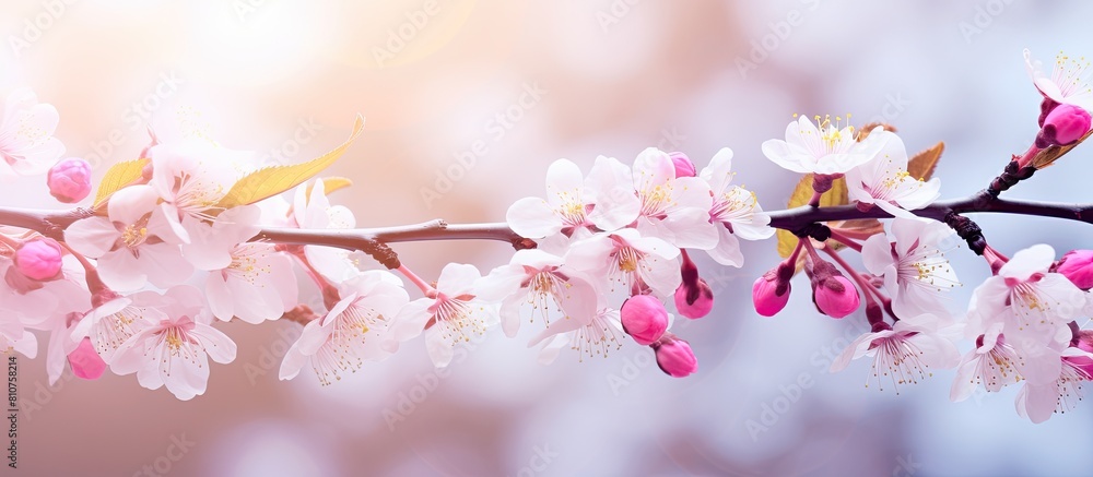 Poster beautiful floral spring background of nature with branches of blooming cherry tree flowers perfect f