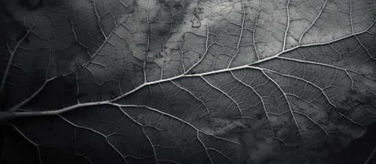 Gray toned grape leaf macro photo with a close up texture allowing ample copy space for design