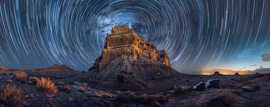 Star trails over the Black Rocks (an unconformity of Vishnu schist) at Moore Bottom in Ruby Canyon, Colorado.