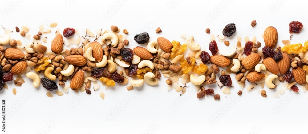 Poster Top view of a homemade granola with a variety of nuts and seeds spread on a baking sheet Perfect as a healthy breakfast option with a white background and enough space for additional images or text