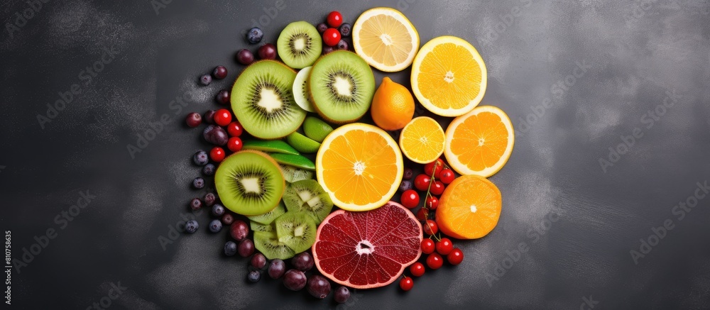 Poster Top view of various colorful slices of fruits including lemon orange kiwi apple and persimmon with handwritten labels placed on a stone surface in the copy space image