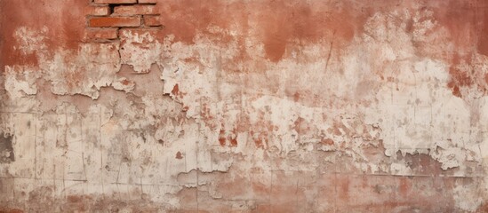 An aged brick wall with a grunge red stonewall background whitewashed distressed surface and grungy wide brickwall The shabby building facade has damaged plaster This abstract web banner contains cop