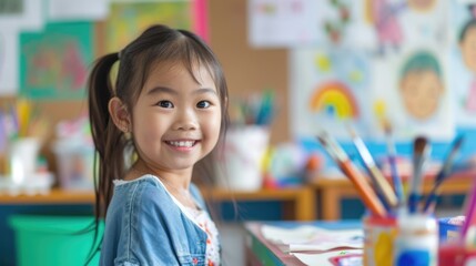 Creative Little Girl in a Blue Jacket Posing in an Art Room Fictional Character Created By Generative AI. 