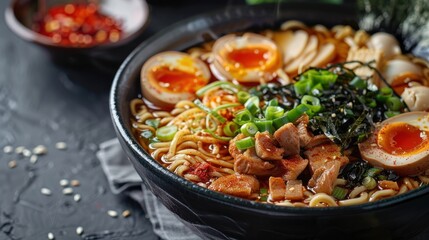 A bowl of Japanese ramen topped with 3 eggs, meat, spring onion, sprinkled with dried seaweed, sesame seeds and chili powder. with a spicy broth. appetizing for one serving. Close up view.