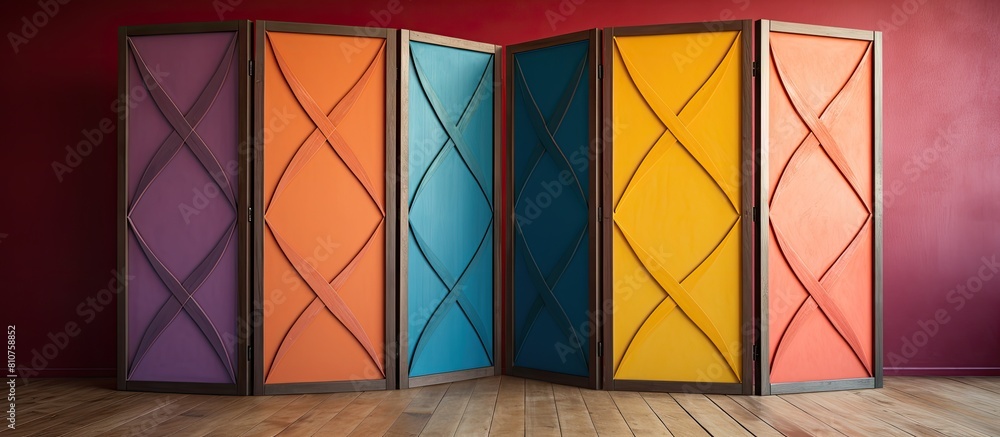 Poster A wooden folding screen stands on a colorful backdrop creating an enticing copy space image