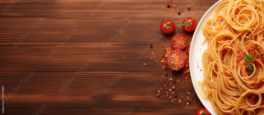 Poster organic spaghetti pasta on a menu served raw it is shown in a top view with a food background provid