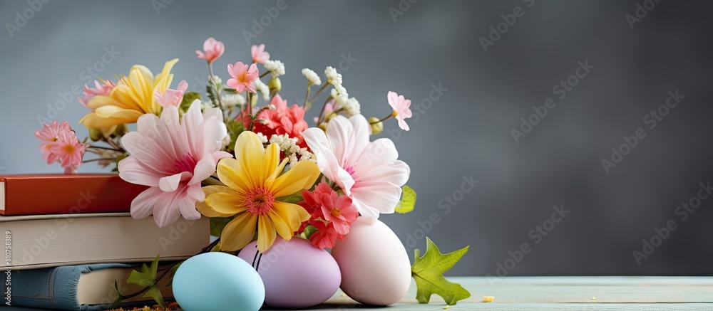 Aufkleber happy easter concept with pastel and colorful easter eggs resting on a nest surrounded by a beautifu