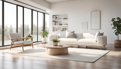 Fototapeta premium Modern living room interior with sofa, coffee table and plants. AI generated