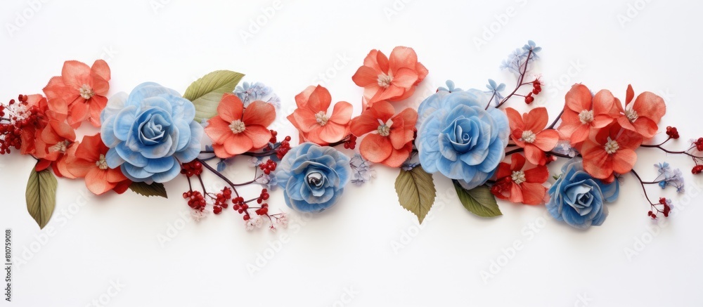 Poster top view copy space image of a flat lay floral corner arrangement featuring begonia and small blue f