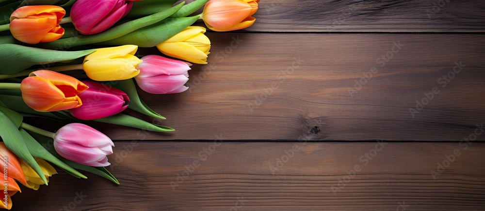Poster top view of spring tulips on a wooden background creating a visually appealing copy space image