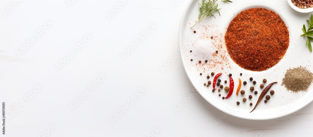 Poster copy space image of a ceramic plate with flakes spices on a white putty background featuring raw org