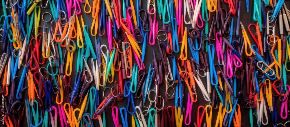 Poster Top view of a colorful collection of stationery striped paper clips arranged in a flat lay creating an abstract background image The composition suggests the back to school college and education conc