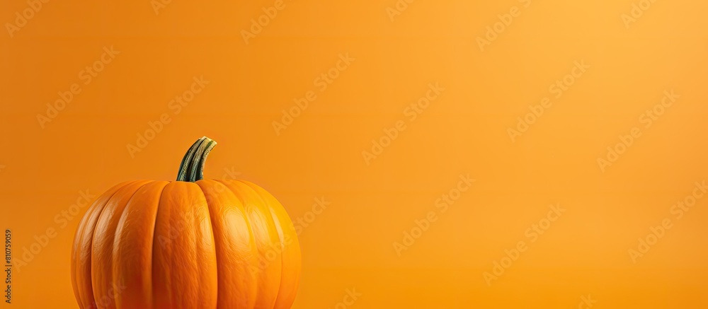 Poster a creatively designed halloween pumpkin sits alone on a yellow background providing ample space for 