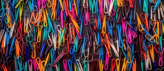 Top view of a colorful collection of stationery striped paper clips arranged in a flat lay creating an abstract background image The composition suggests the back to school college and education conc