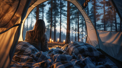 Young woman in a tent in a forest on vacation.Vacation in nature. Camping holidays - obrazy, fototapety, plakaty