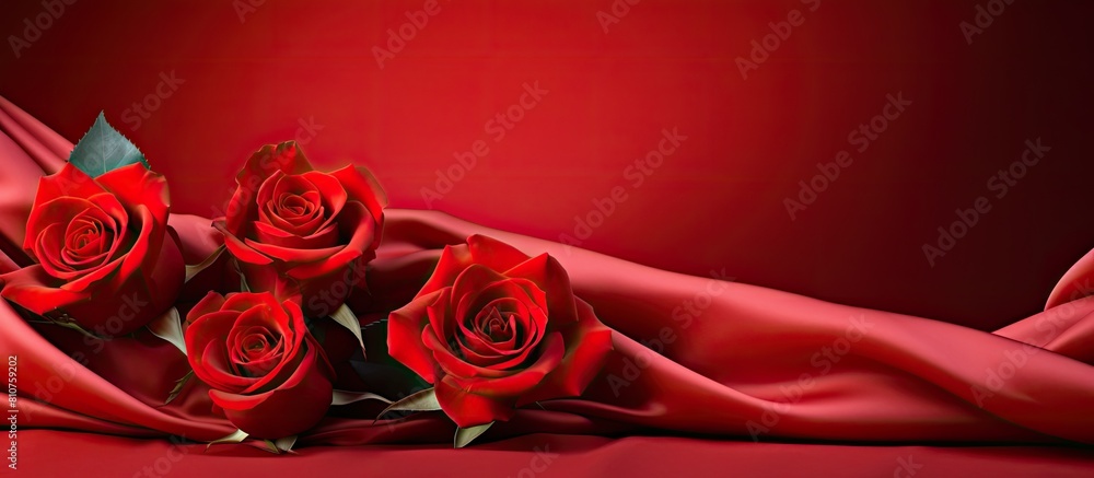 Poster A beautiful arrangement of rose flowers on a red satin background with a delicate draping and ample empty space for additional imagery