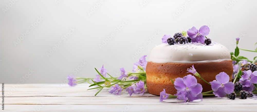 Poster homemade easter cake kulich and purple flowers displayed on a white backdrop providing ample copy sp