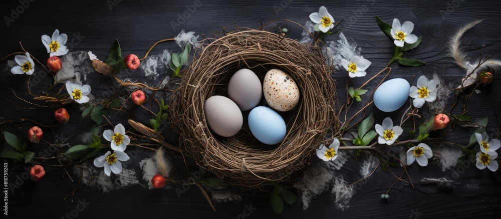 Poster A visually appealing holiday greeting card with a creative flat lay top view featuring chicken nests adorned with painted Easter eggs The dark tabletop provides an ideal copy space for text