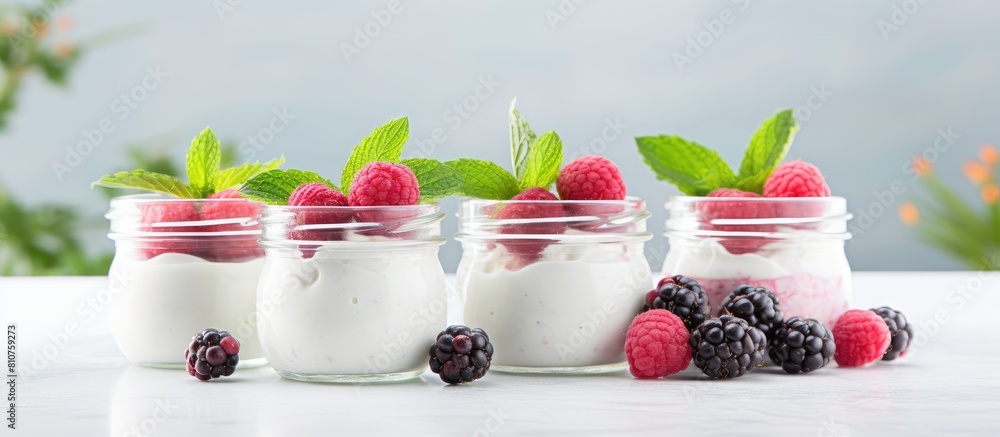 Poster copy space image of healthy summer food concept featuring jars of natural yogurt topped with berry s