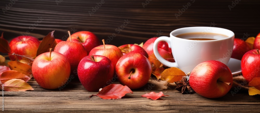 Poster autumn hot apple tea visually presented with ripe apples in a white cup on a wooden background perfe