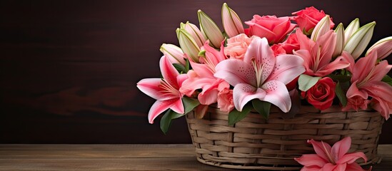 A beautiful flower basket containing fragrant lilies red and pink roses placed against a light colored wooden backdrop The composition leaves space for text or an image making it suitable for St Vale