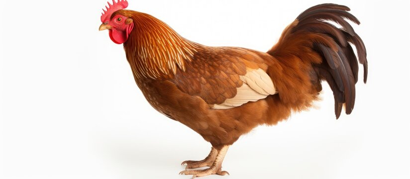A broiler chicken depicted in a photo with a brown feathered coat is shown in a postured stance against a white background The image showcases the chicken breed in a live isolated setting with ample