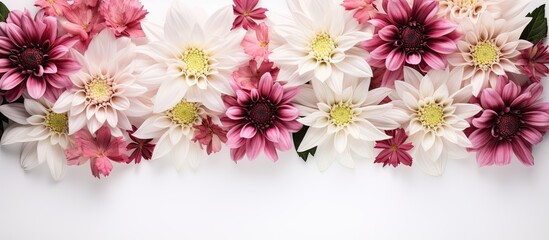 The image shows a floral arrangement with white and pink flowers on a white background It is a top down view with empty space for text This is a mockup. Creative banner. Copyspace image