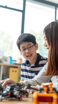 Young Asian boy using computer with ance from woman Fictional Character Created By Generative AI. 