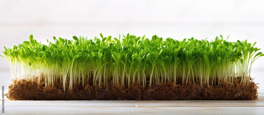 Poster A copy space image of fresh wheat sprouts growing as microgreens at home on a white wooden background using a linen mat and a wheat sprouter for hydroponics