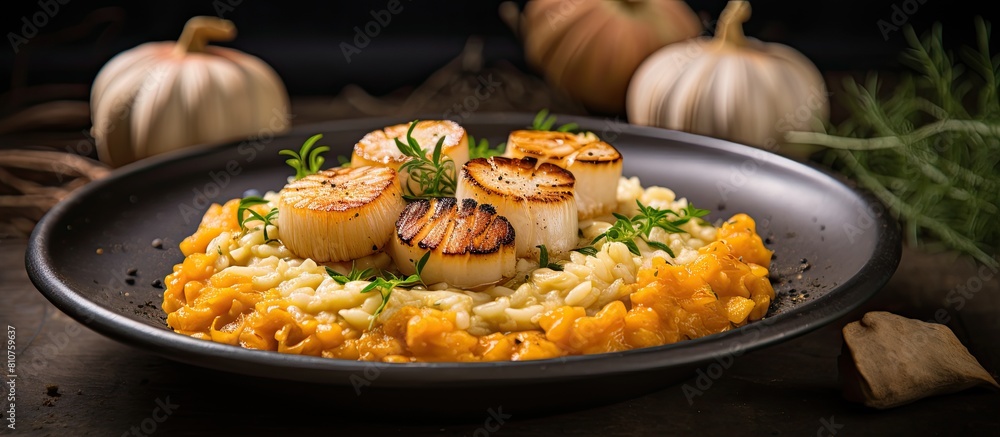 Poster A copy space image of risotto with pumpkin and scallops presented on a rustic stone background
