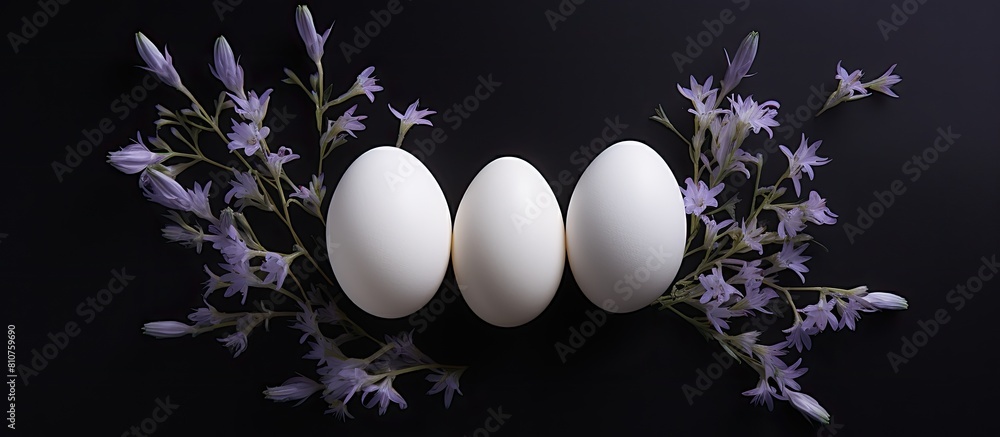 Poster A view from above shows three white Easter eggs resting on a dark background with lavender creating a visually appealing copy space image