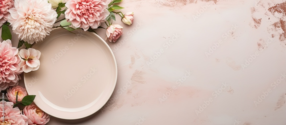 Poster a festive table is set with a white plate and cutlery accompanied by a beautiful floral arrangement 