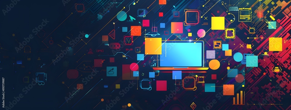 Poster background with lots of application and laptops . computer laptop technology business concept web sc