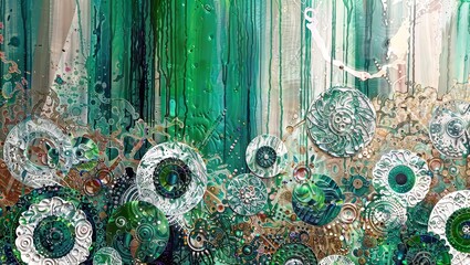 A mesmerizing underwater scene featuring a colorful array of intricate circular patterns and organic forms reminiscent of sea creatures, creating a vibrant and surreal aquatic dreamscape.