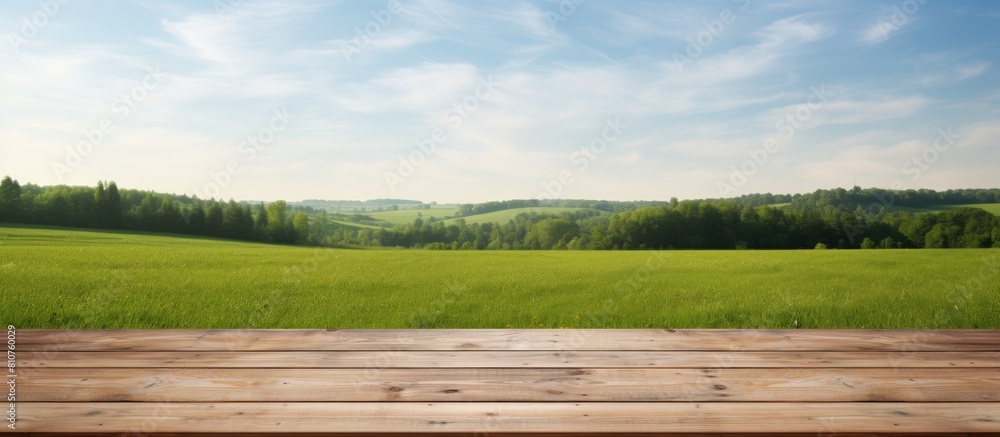 Aufkleber wooden deck table placed against a green field background creating an empty material for a product d