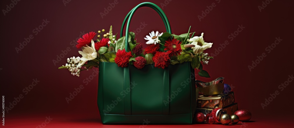 Aufkleber a festive arrangement featuring a bag cosmetics and christmas decorations on a green background with
