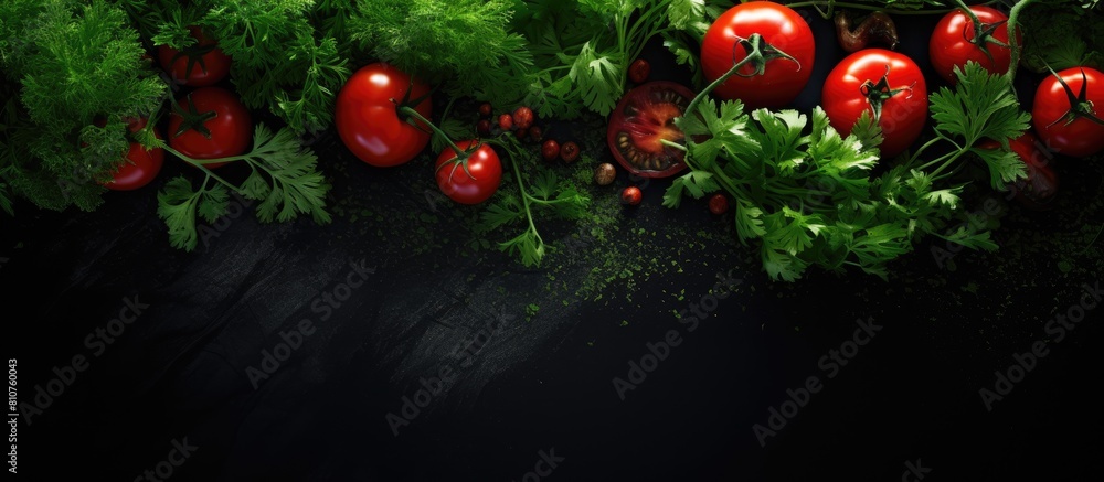 Poster A dark background blends with fresh tomato varieties and aromatic herbs like parsley and dill creating a captivating image symbolizing the concept of organic food Copy space image